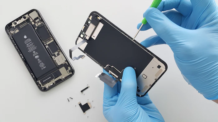 Technician in blue gloves holding a smartphone