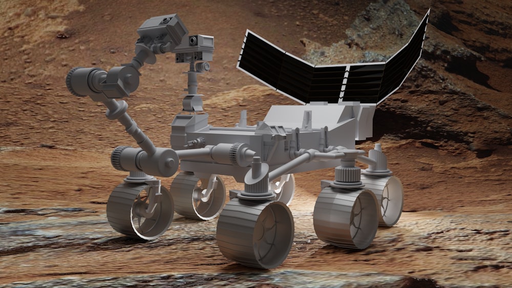 an artist's rendering of a mars rover on a rocky surface