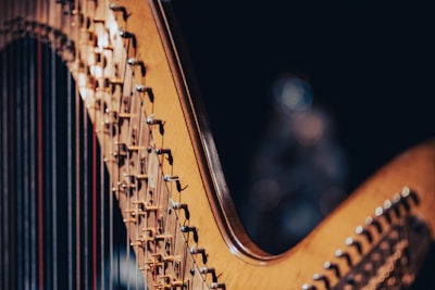 Close-up of a therapy harp showing the fine grain of cherry wood frame and clear western red cedar top.