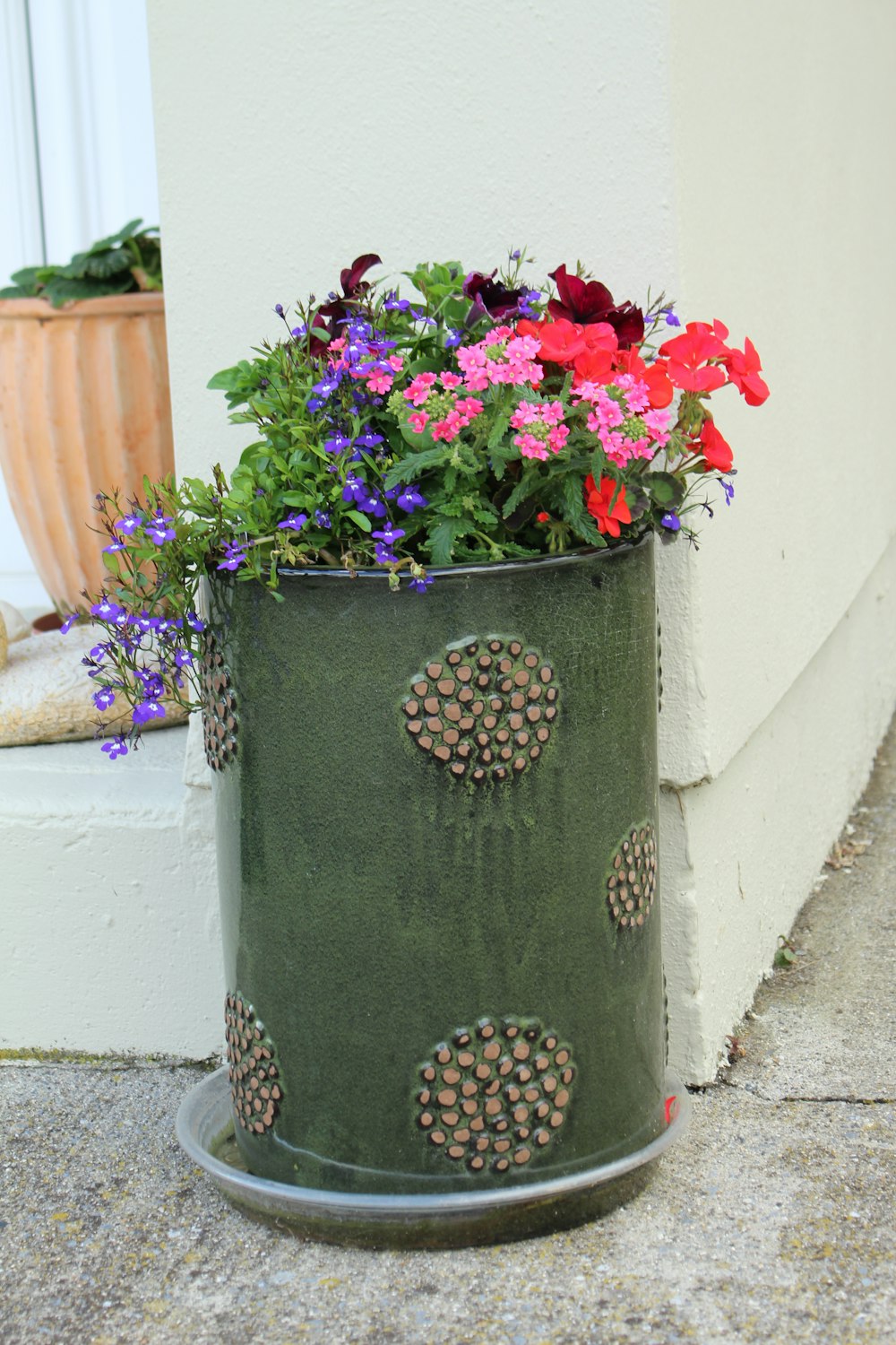 a green planter with flowers in it sitting on the side of a building