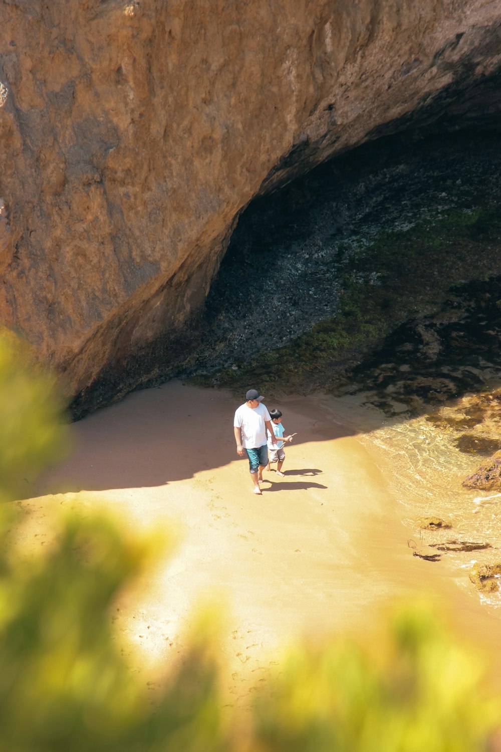 a man and a child are walking on a beach