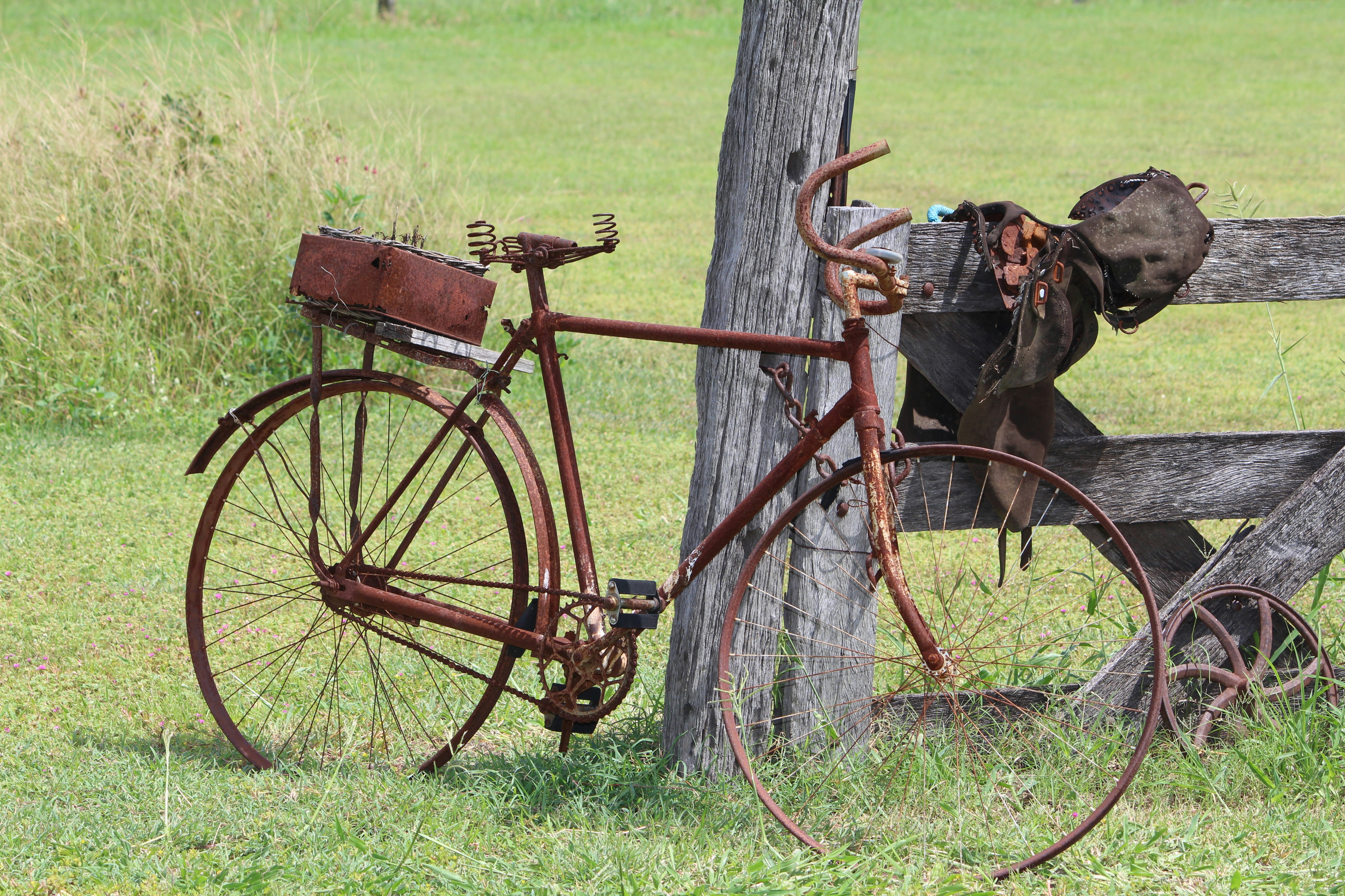 an old rusty bicycle leaning against a wooden bench