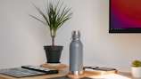 A minimalist workspace setup featuring a potted plant, a silver insulated water bottle, a clapperboard, and a small wooden tray with various items. A computer monitor displaying colorful graphics is mounted on the wall. The environment is bright and organized, with a focus on productivity and aesthetics.