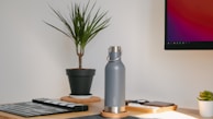A minimalist workspace setup featuring a potted plant, a silver insulated water bottle, a clapperboard, and a small wooden tray with various items. A computer monitor displaying colorful graphics is mounted on the wall. The environment is bright and organized, with a focus on productivity and aesthetics.