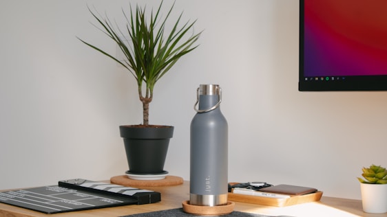A minimalist workspace setup featuring a potted plant, a silver insulated water bottle, a clapperboard, and a small wooden tray with various items. A computer monitor displaying colorful graphics is mounted on the wall. The environment is bright and organized, with a focus on productivity and aesthetics.