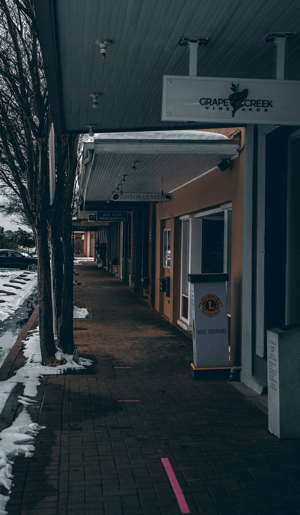 a sidewalk lined with trees and buildings covered in snow