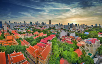 A panoramic view of a bustling Vietnamese city skyline with modern buildings and traditional architecture.