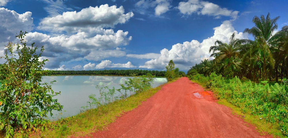 a dirt road next to a body of water