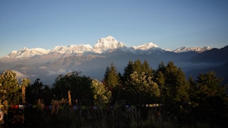 A scenic view of the Himalayas with clear blue skies.