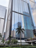 A tall modern skyscraper with reflective glass windows, surrounded by other buildings in an urban setting. A palm tree and well-maintained greenery are in the foreground, with a sign reading 'Immigration Tower' visible near the base.