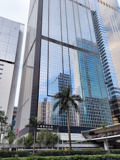 A tall modern skyscraper with reflective glass windows, surrounded by other buildings in an urban setting. A palm tree and well-maintained greenery are in the foreground, with a sign reading 'Immigration Tower' visible near the base.