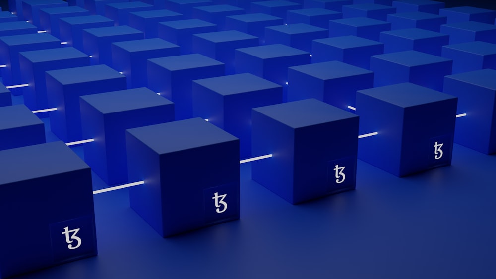 a group of blue cubes with numbers on them