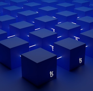 a group of blue cubes with numbers on them