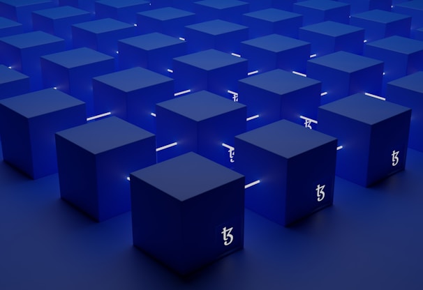 a group of blue cubes with numbers on them