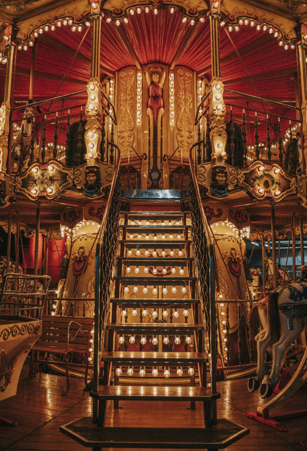 a staircase in a building with many lights on it