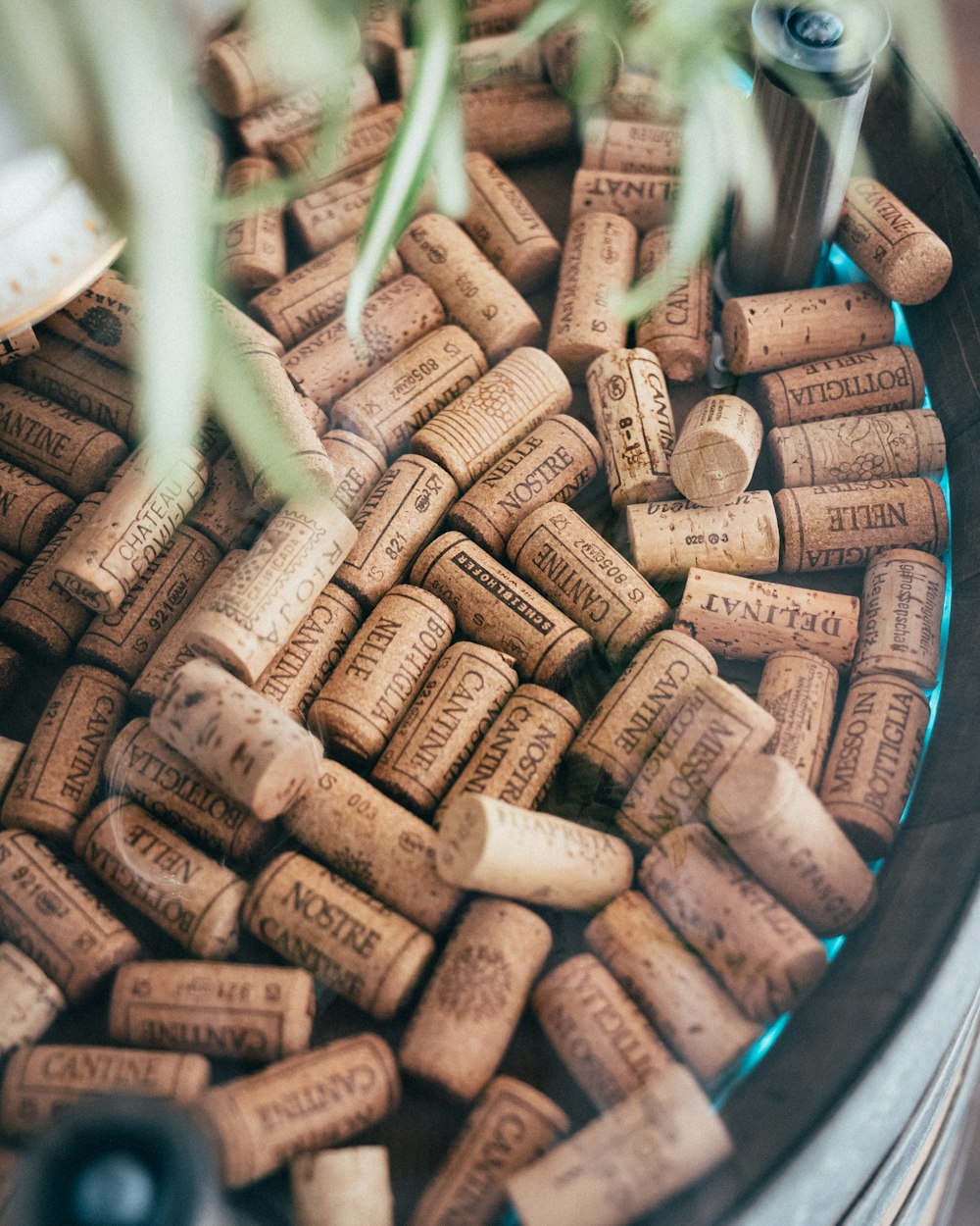 a bunch of wine corks sitting on top of a table