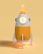 A stylized, futuristic rocket with an orange and white color scheme, featuring the Bitcoin symbol prominently displayed on its front. The rocket is set against a matching orange background, with light illuminating from its top and base, creating a glowing effect.