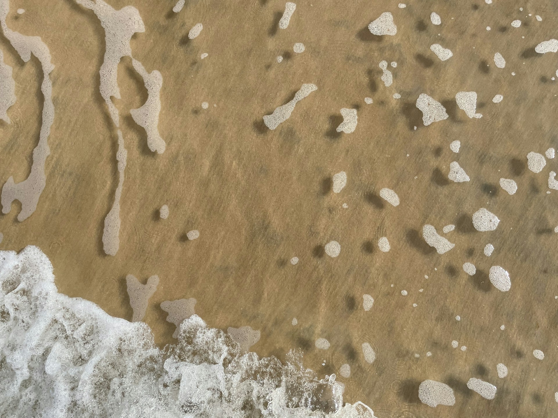 an aerial view of a sandy beach with waves