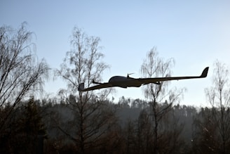 a plane flying over a forest with trees in the background