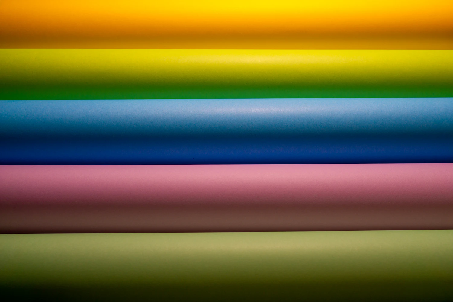 Rolls of coloured background board stacked against a studio wall