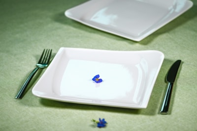 a plate with a butterfly on it next to a fork and knife