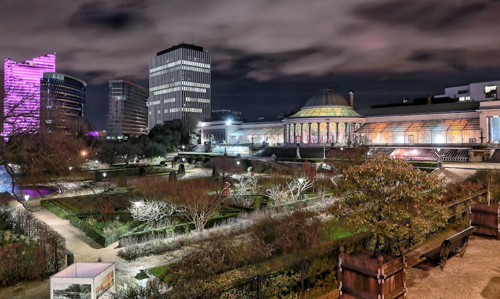 a view of a city at night from a park