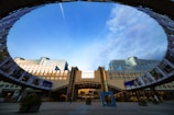 a circular view of a building with a sky background