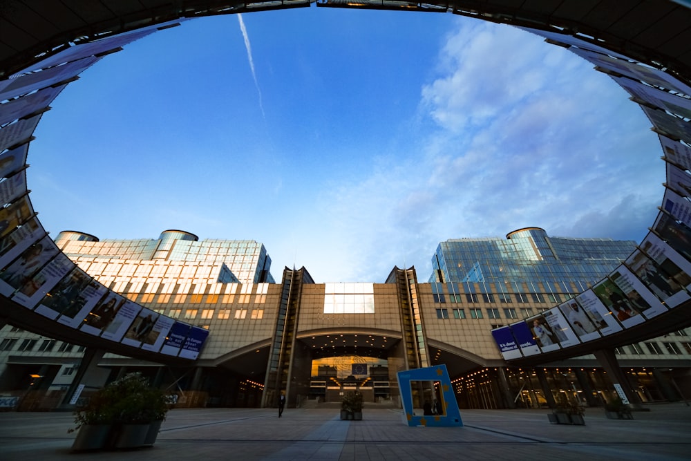 a circular view of a building with a sky background