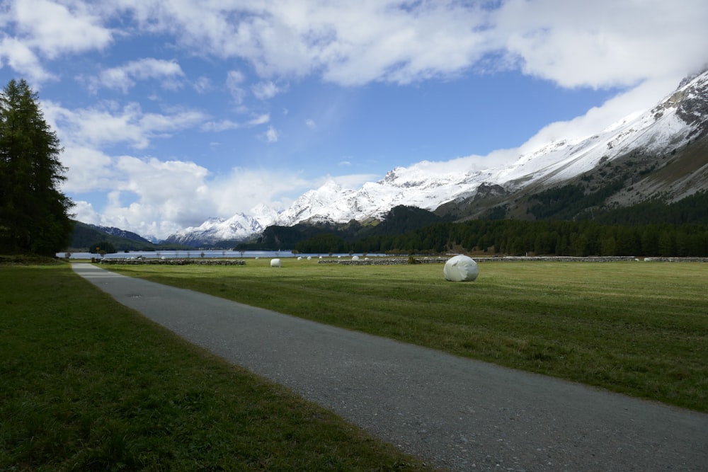 a path leading to a grassy field with mountains in the background