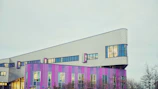 a pink and purple building with a clock tower