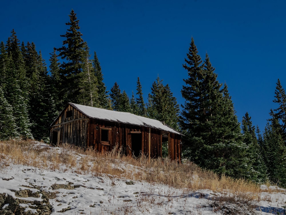 an old cabin in the middle of a snowy field