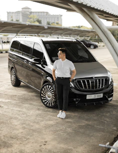 a man standing next to a mercedes benz benz benz benz benz benz benz benz benz