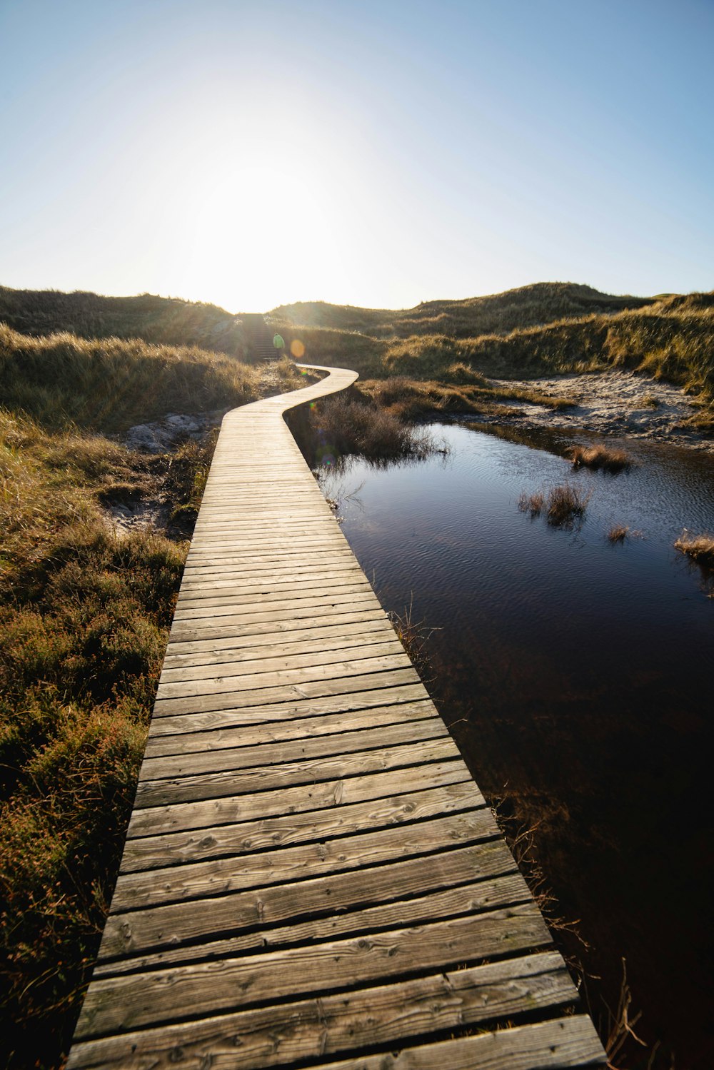 a wooden walkway over a small body of water