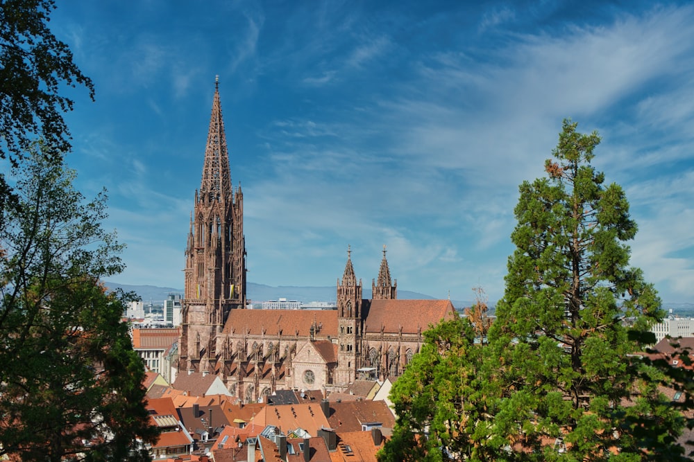 a view of a city with a cathedral in the background