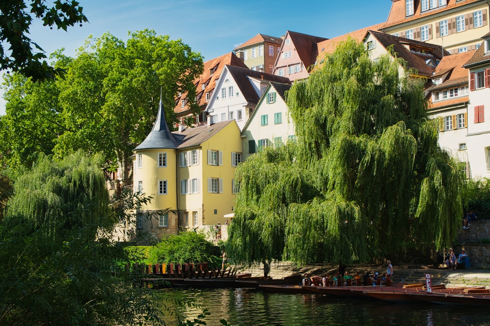 a row of houses next to a body of water