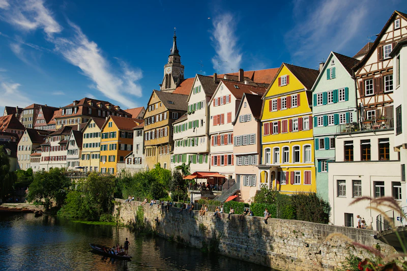 Colourful houses along the Neckar riverfront, Tübingen, Germany