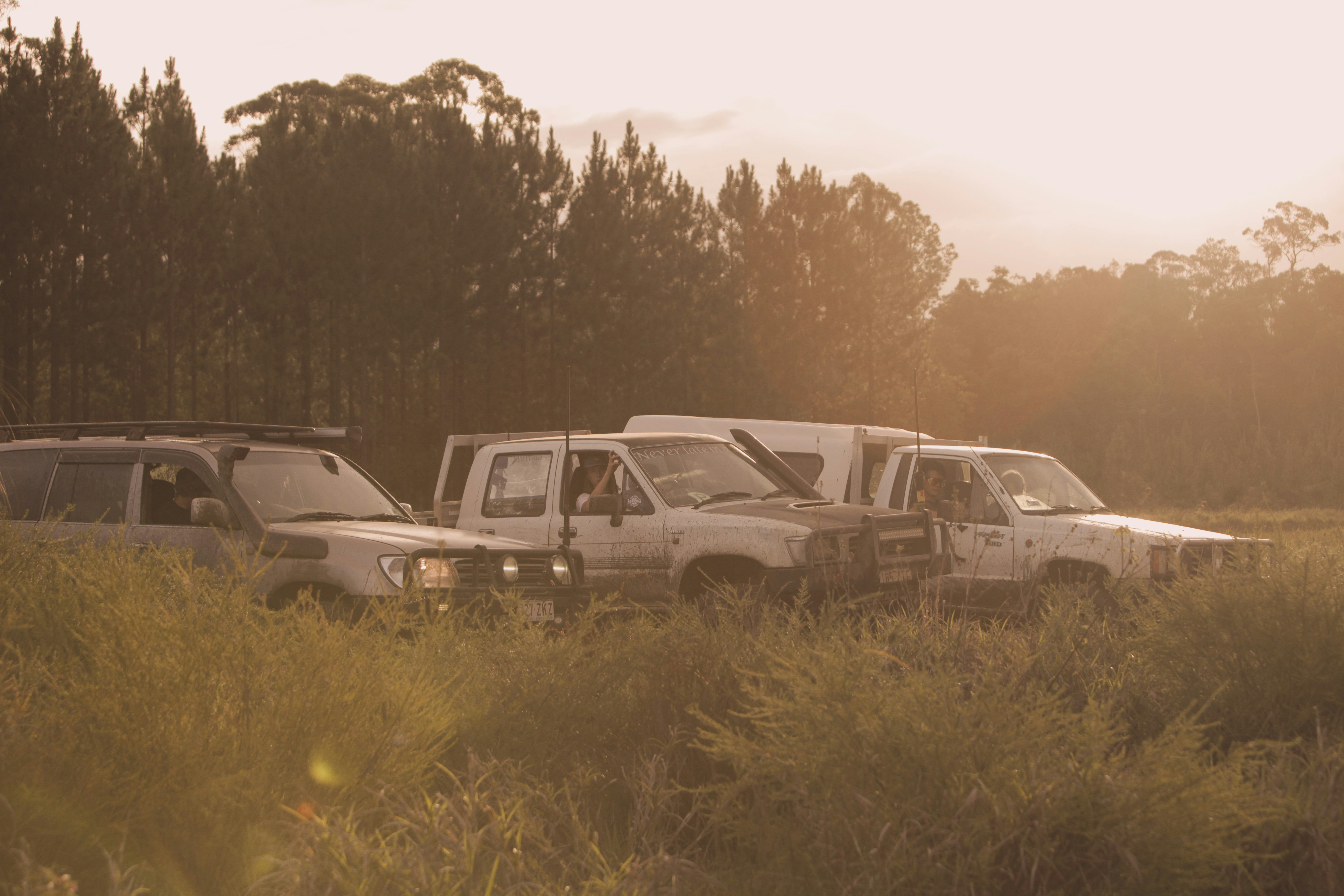 a couple of trucks that are in the grass