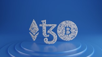 Symbols of Ethereum, Tezos, and Bitcoin are depicted using small white spheres on a blue, tiered platform, creating a modern and digital aesthetic.