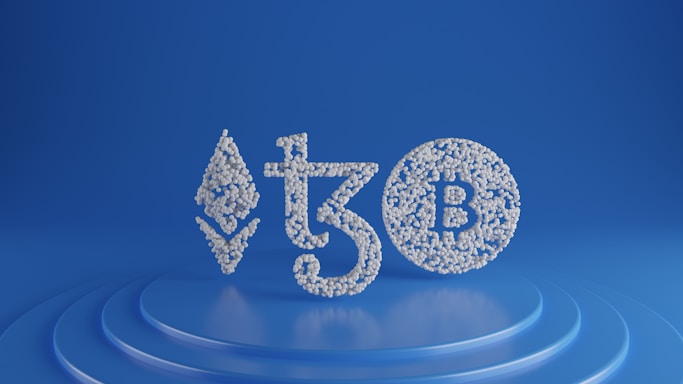Symbols of Ethereum, Tezos, and Bitcoin are depicted using small white spheres on a blue, tiered platform, creating a modern and digital aesthetic.