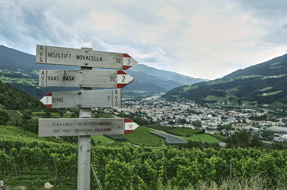 a wooden sign pointing in different directions