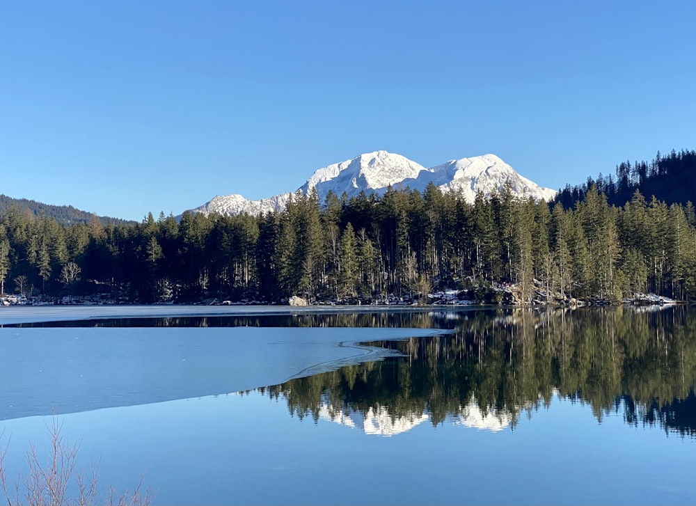 a lake with a mountain in the background