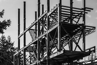 a black and white photo of a building under construction