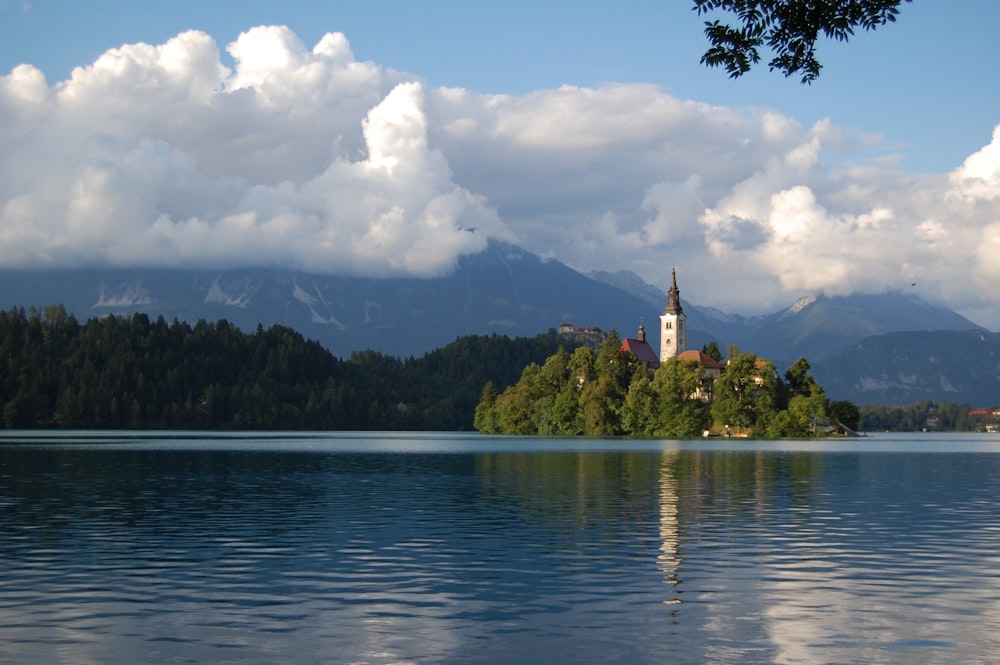 a small island in the middle of a lake