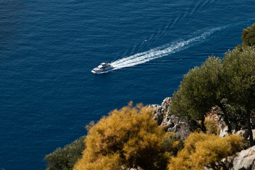 a small boat is out on the water, Blue beauty