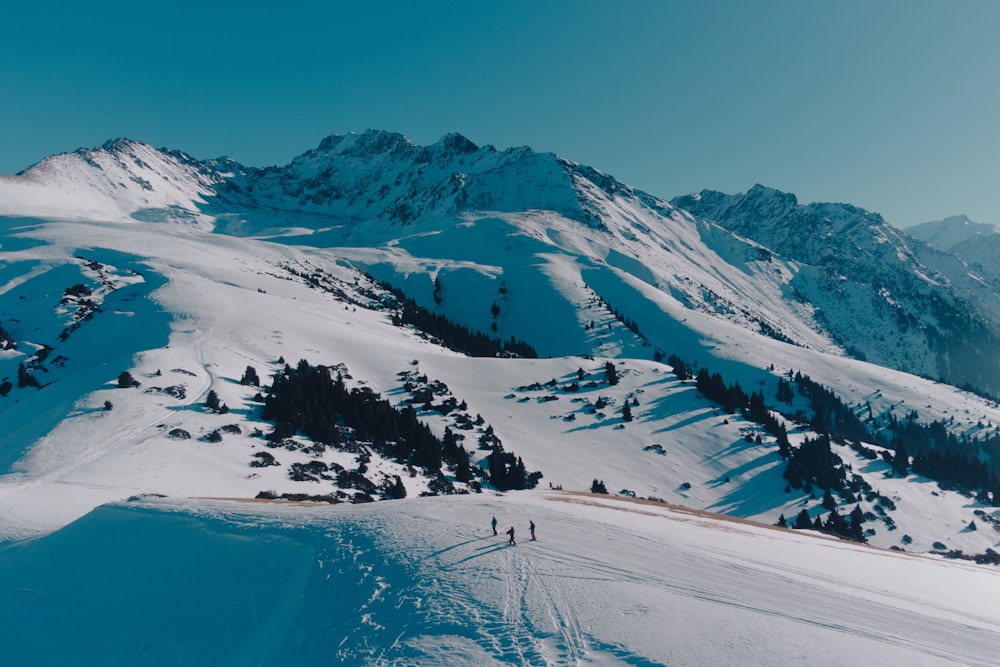 Deux personnes dévalant une montagne enneigée à ski