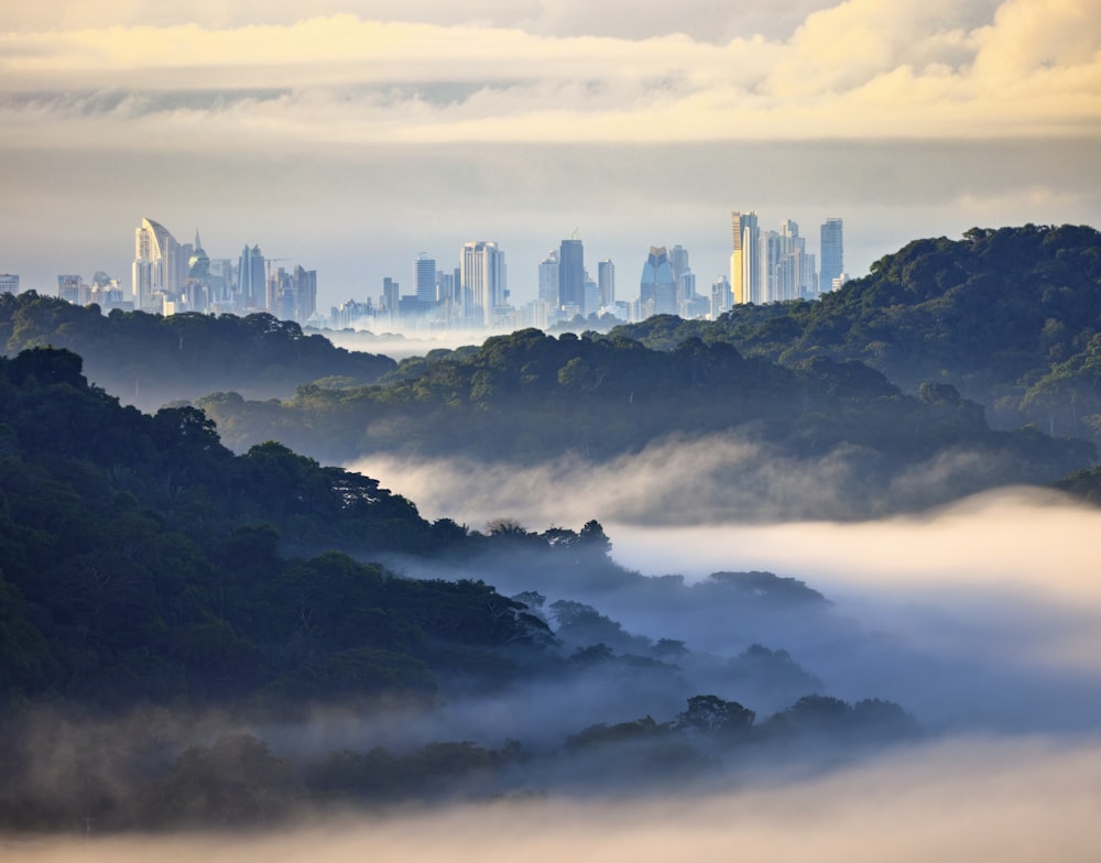 uma vista de uma cidade à distância com nevoeiro em primeiro plano