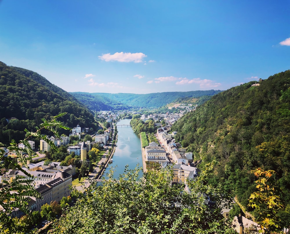 a river running through a lush green valley