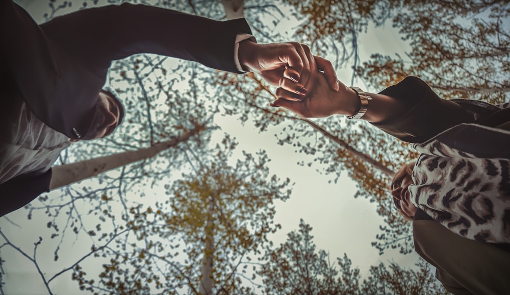 two people holding hands in front of a tree