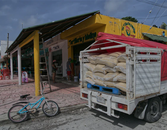 Delivery truck loaded with ice bags driving through a sunny San Salvador de Jujuy street.