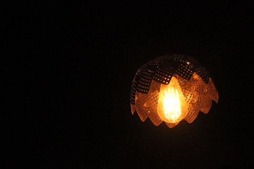 A vintage-style light bulb is encased within a metal lampshade designed with overlapping pieces, reminiscent of flower petals. The lamp emits a warm, amber glow against a dark background.